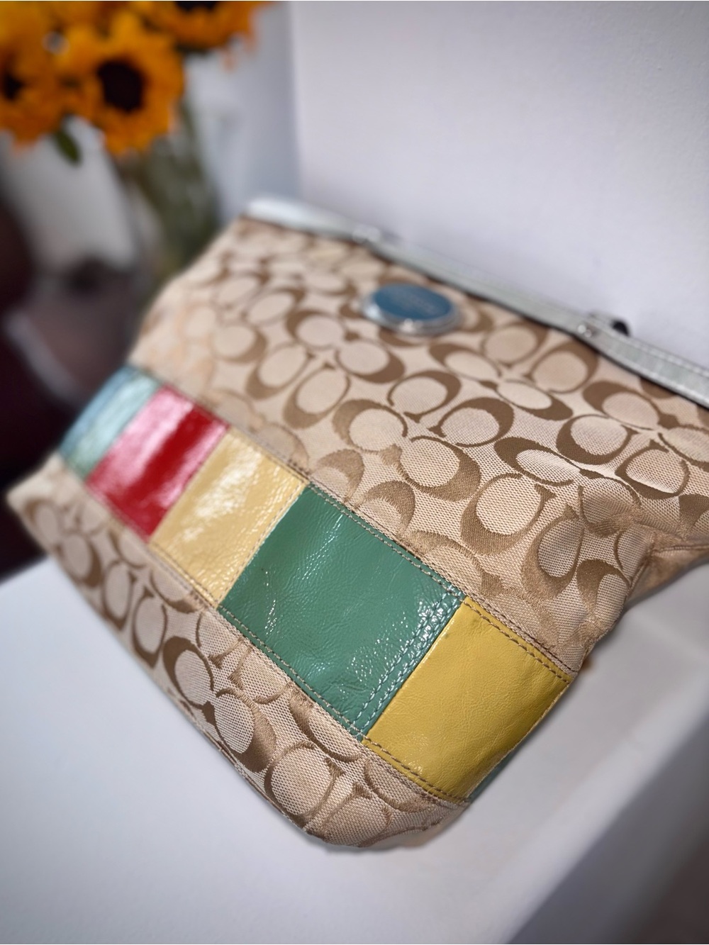 Coach Signature Stripe Tote Bag Khaki Multi Canvas Colorblock Tote Boho Chic - Picture 6 of 11